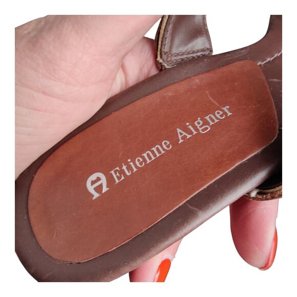 Etienne Aigner Diablo Slip On Sandals Brown Leather Heels Open Toe Stud Size 7M - Picture 11 of 15